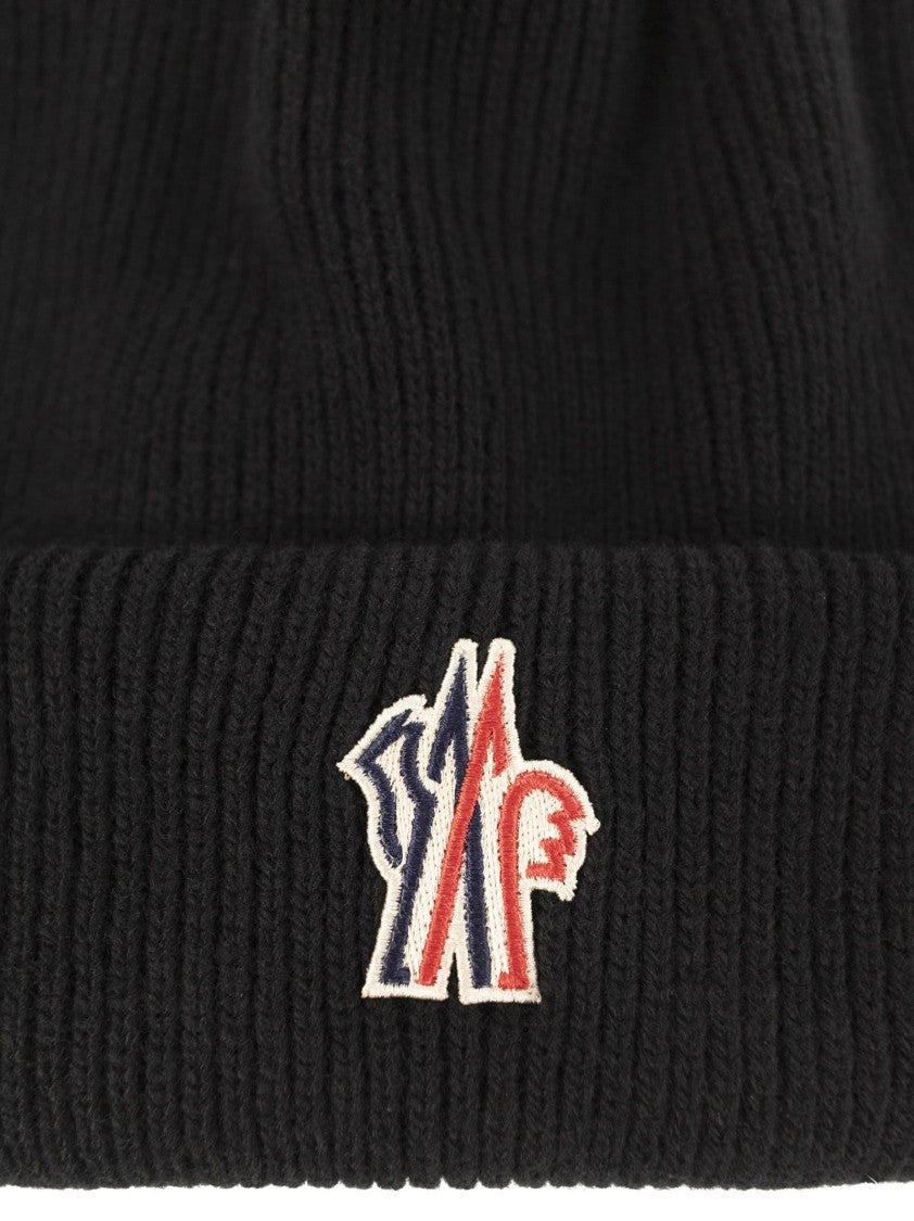 Moncler Grenoble Ribbed Knit Wool Cap With Embroidered Logo Patch