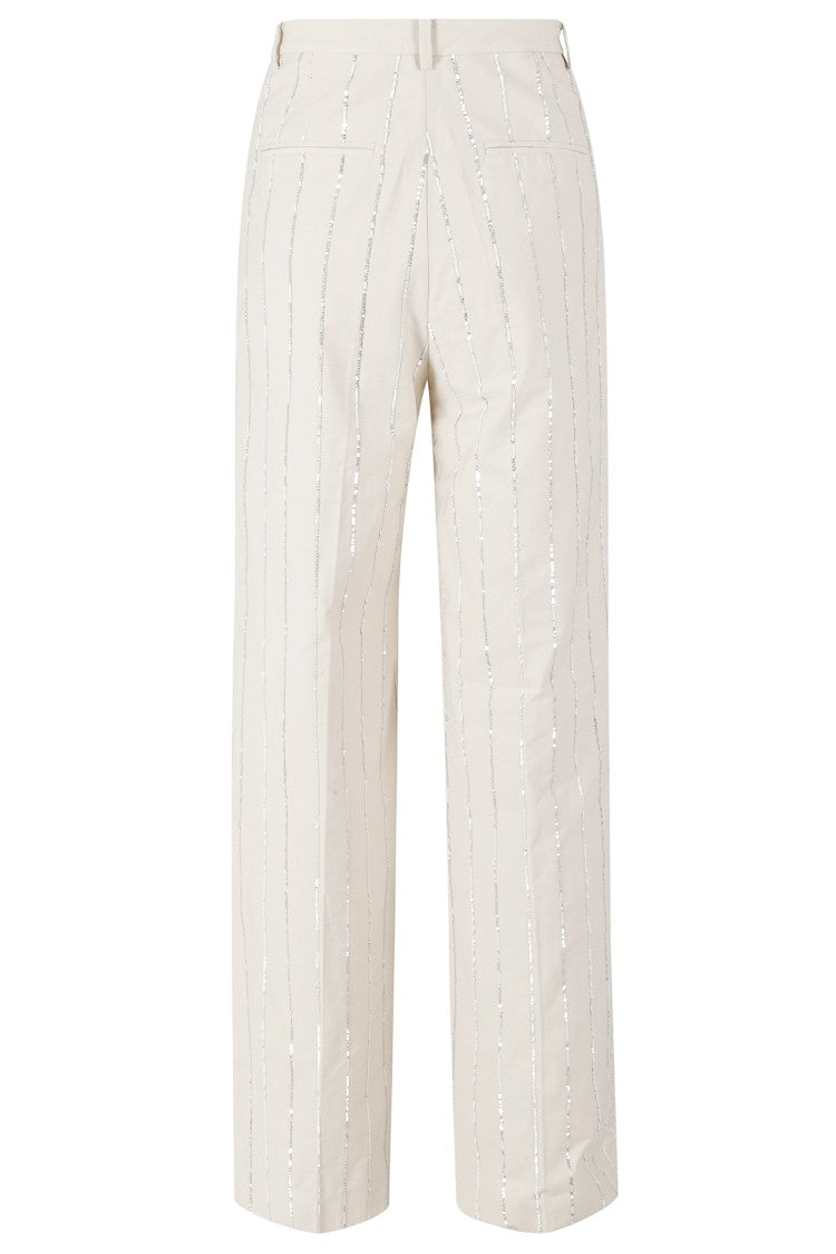 Isabelle Blanche Ecru Sequins-Striped Zippered Cotton Wide-Leg Pants