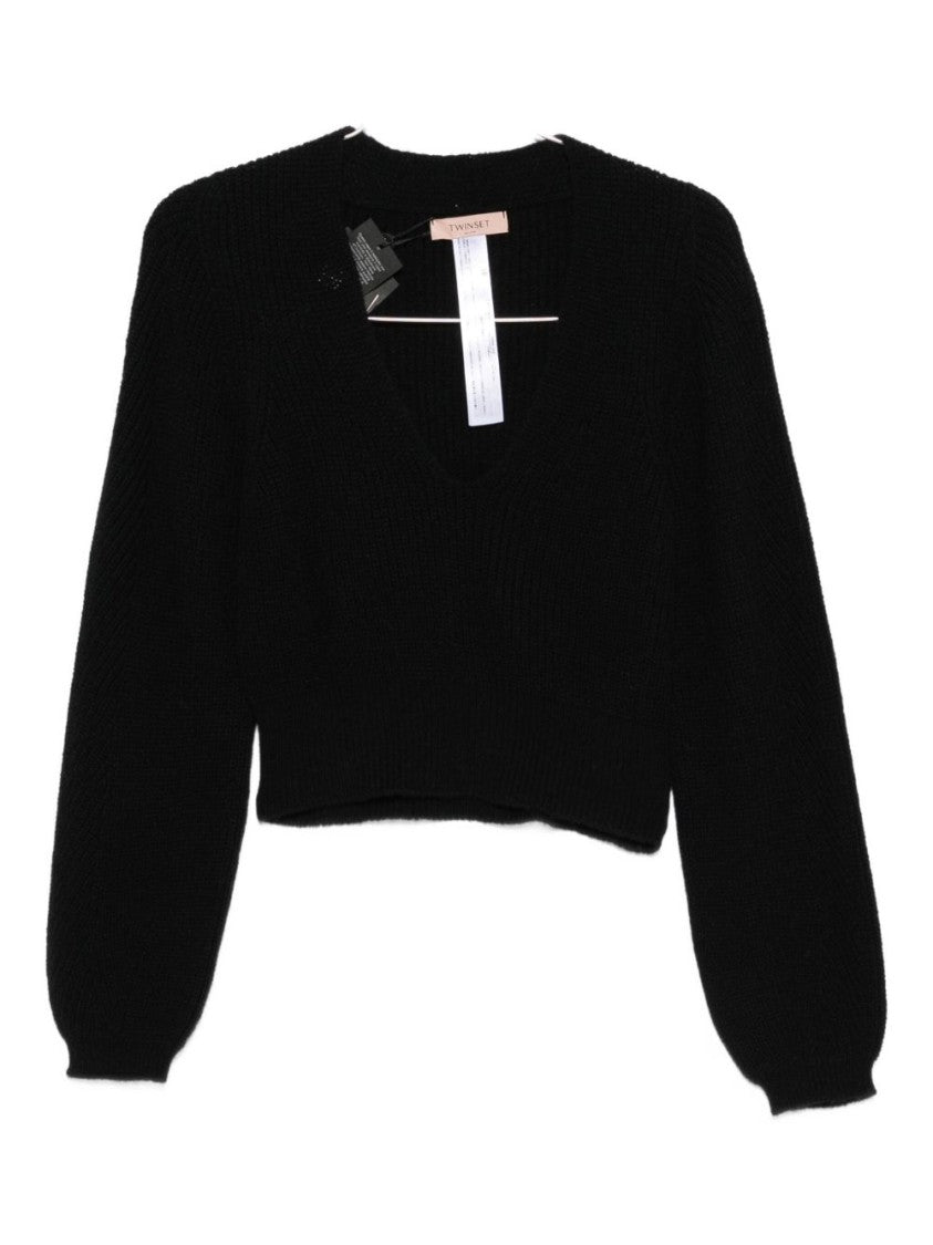 Twin-Set Cropped Black Sweater With Deep V-Neckline