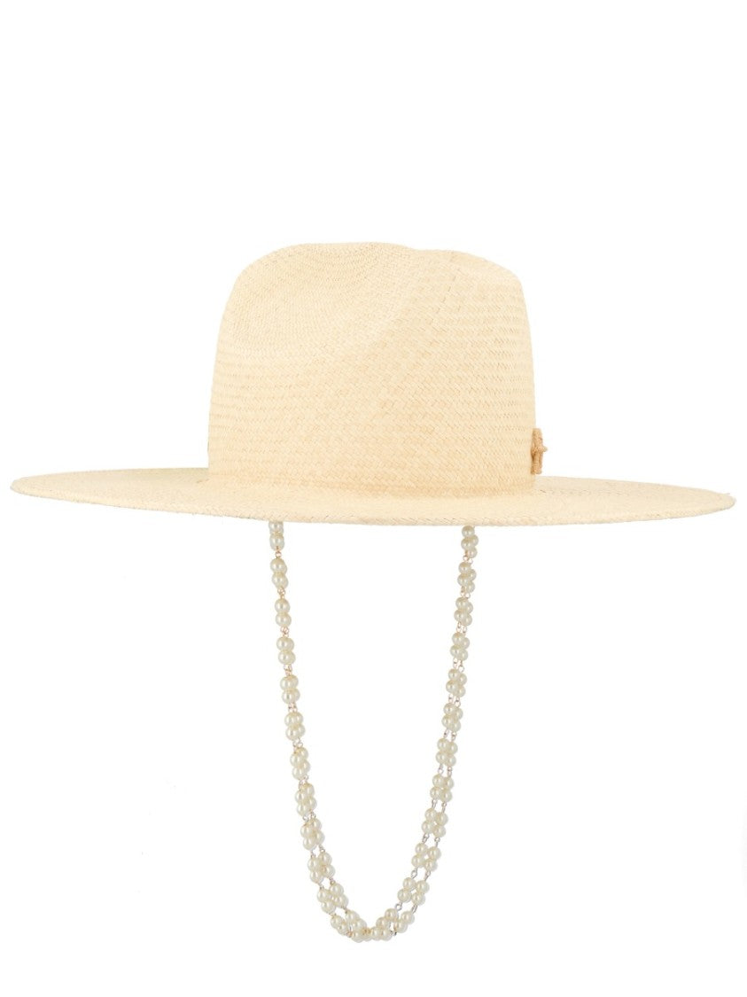Ruslan Baginskiy Natural Straw Pearl Chain Hat