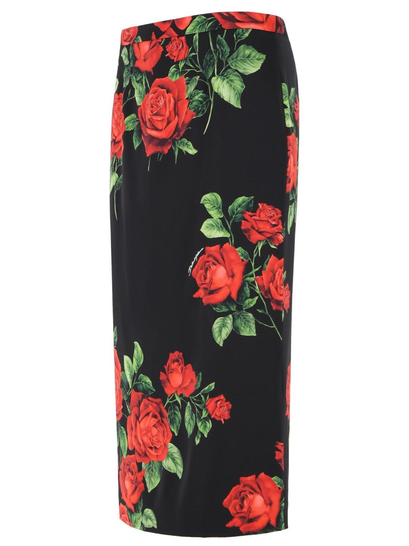 Dolce & Gabbana Black Rose Pattern Stretch Silk Midi Skirt