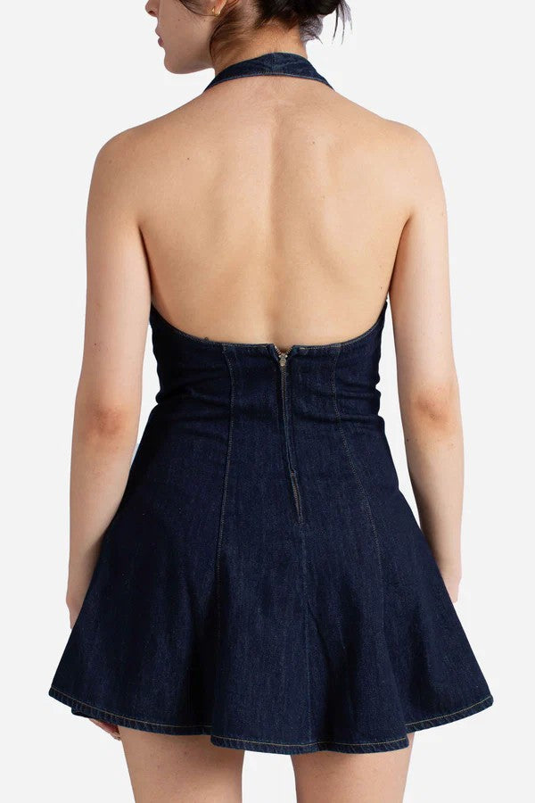Mc2 Saint Barth Dark Blue Denim Mini Dress With Halter Neckline