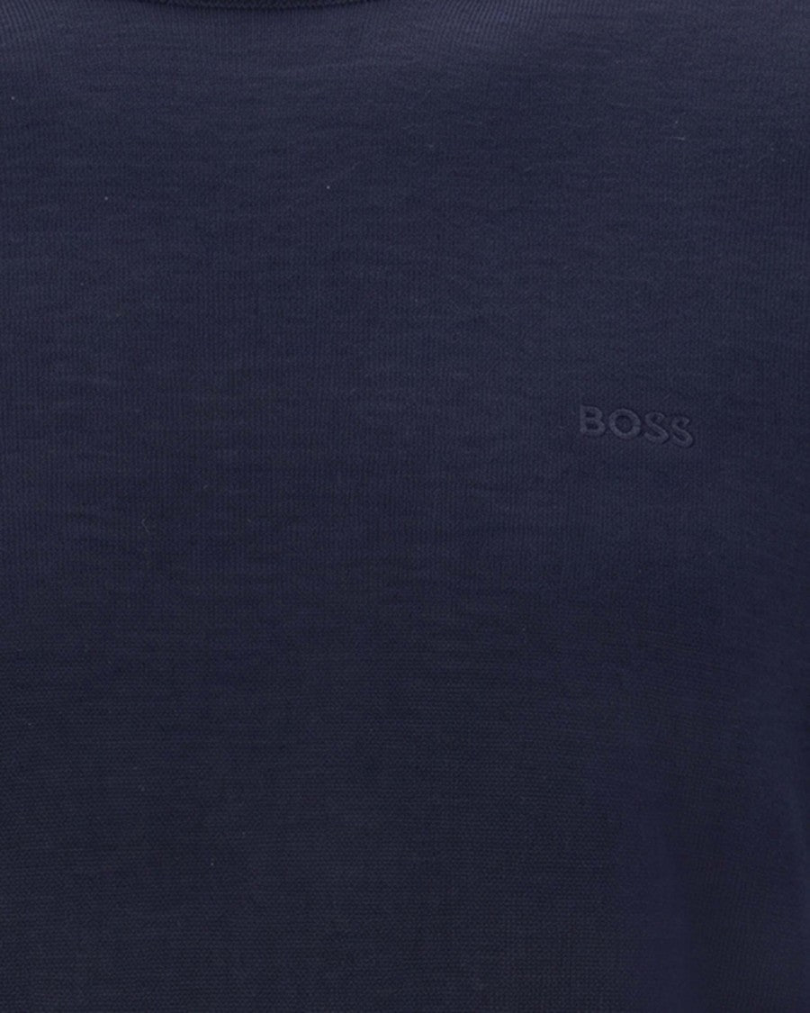 Boss Dark Blue Logo Embroidered Virgin Wool Sweater