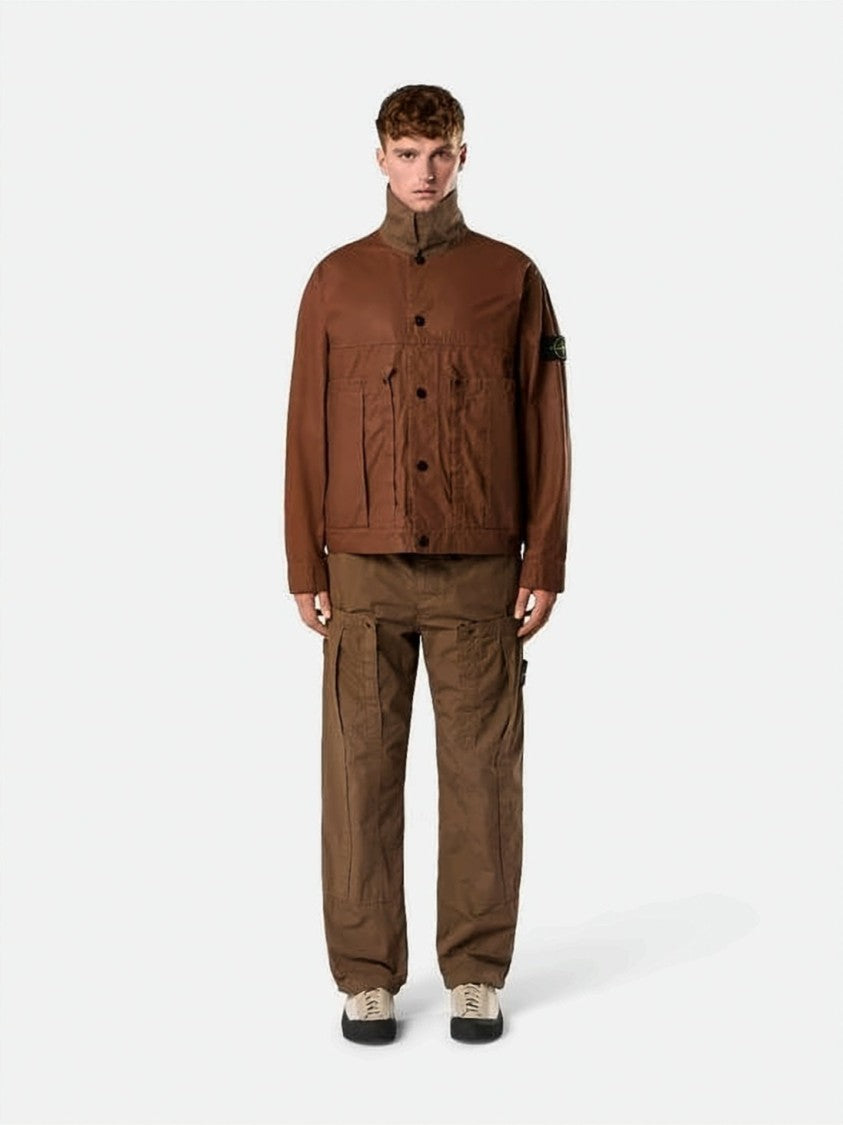 Stone Island Boxy Brown Jacket With Classic Collar And Utility Pockets