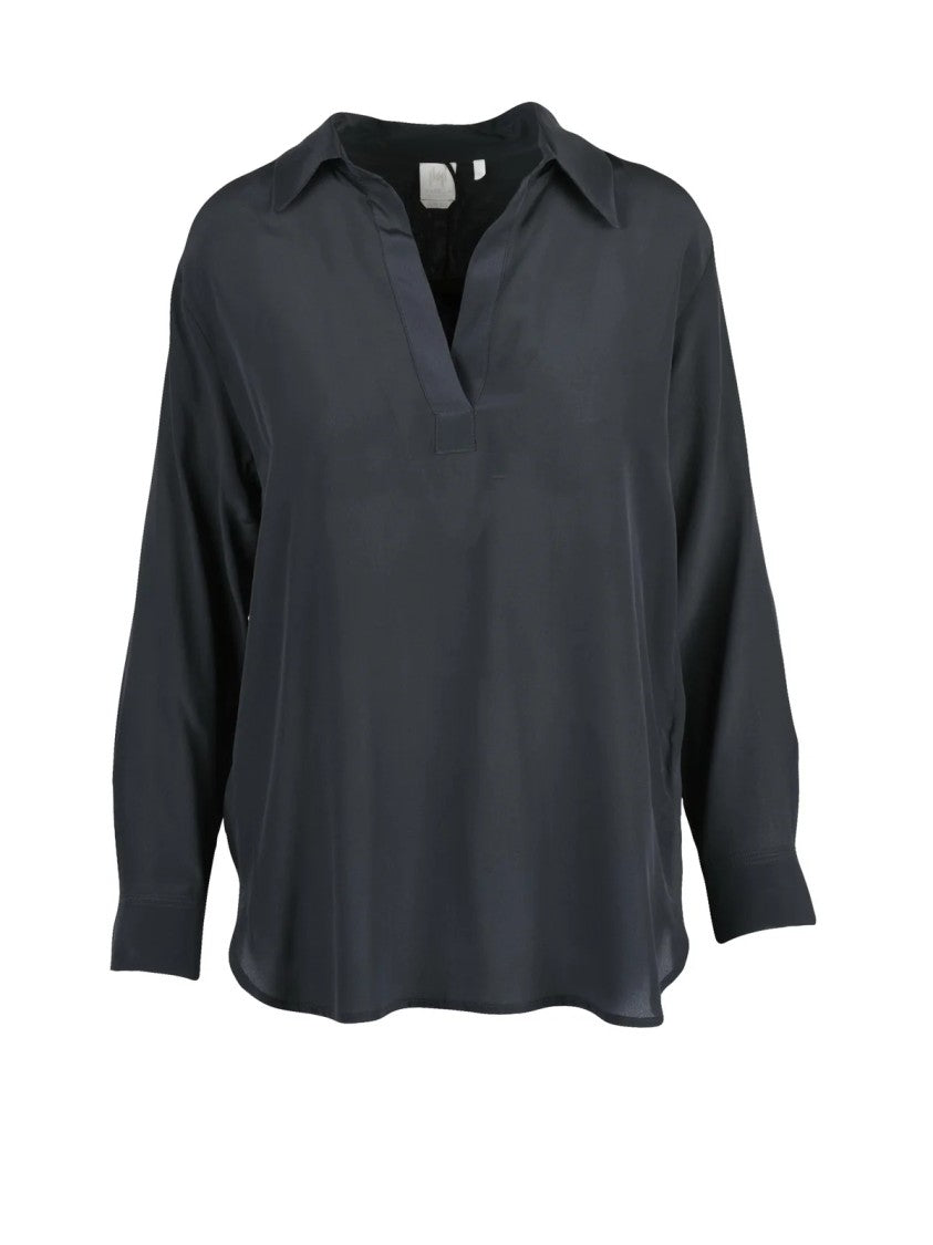 Marella Monochrome Siro Silk Blouse With Classic Collar And Deep V-Neckline