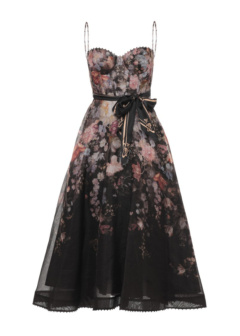 Zimmermann Floral Midi Dress With Bustier Bodice And Sheer Overlay