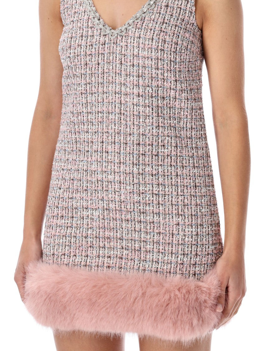 Self-Portrait Bouclé Mini Dress With Faux Fur Hem