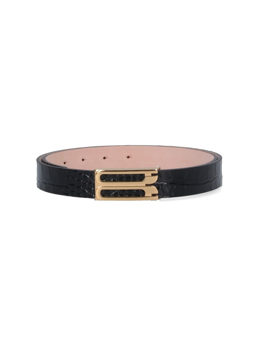 Victoria Beckham Black Jumbo Frame Crocodile-Embossed Leather Belt