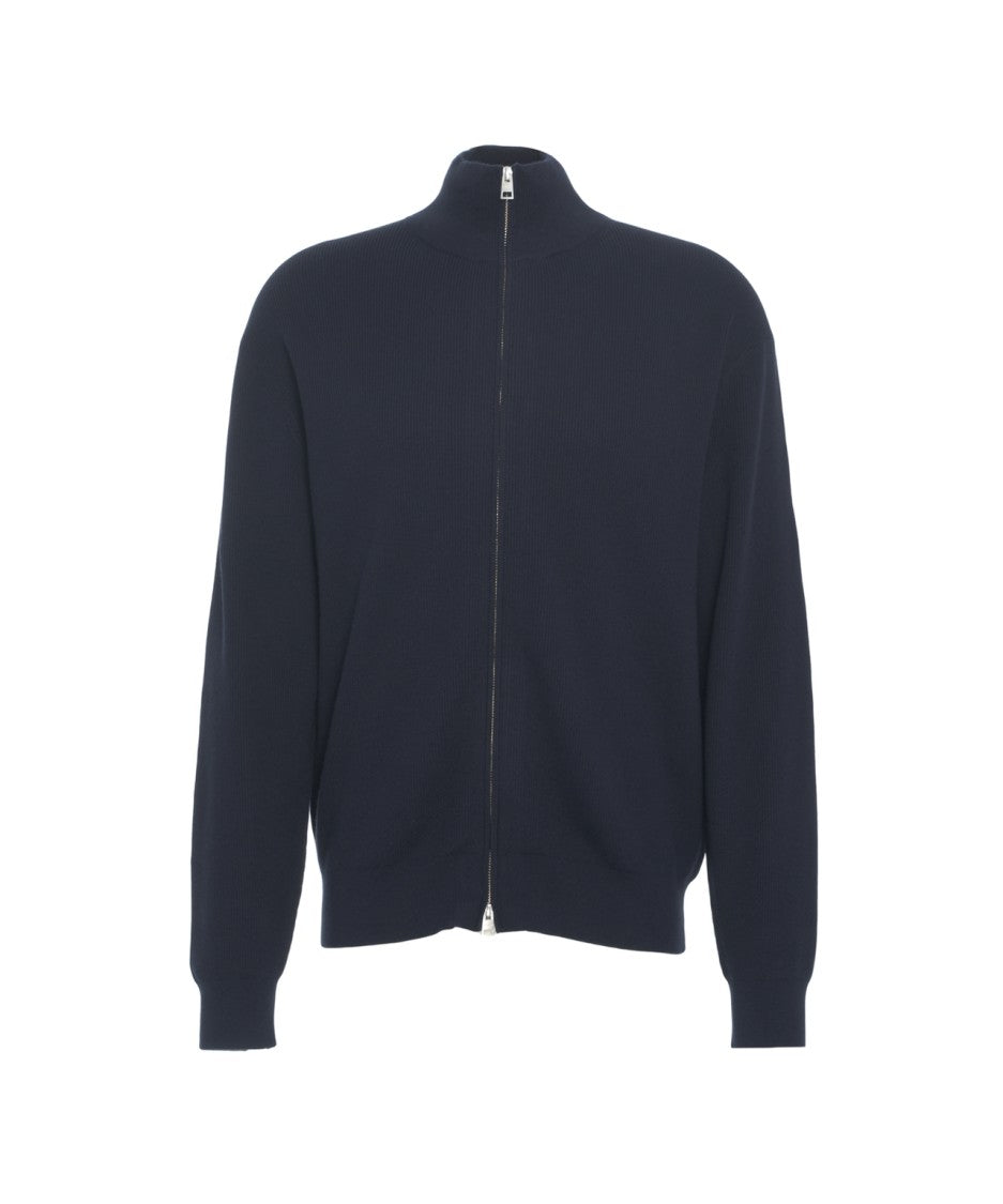 Closed High-Collar Zip Cardigan With Ribbed Detailing