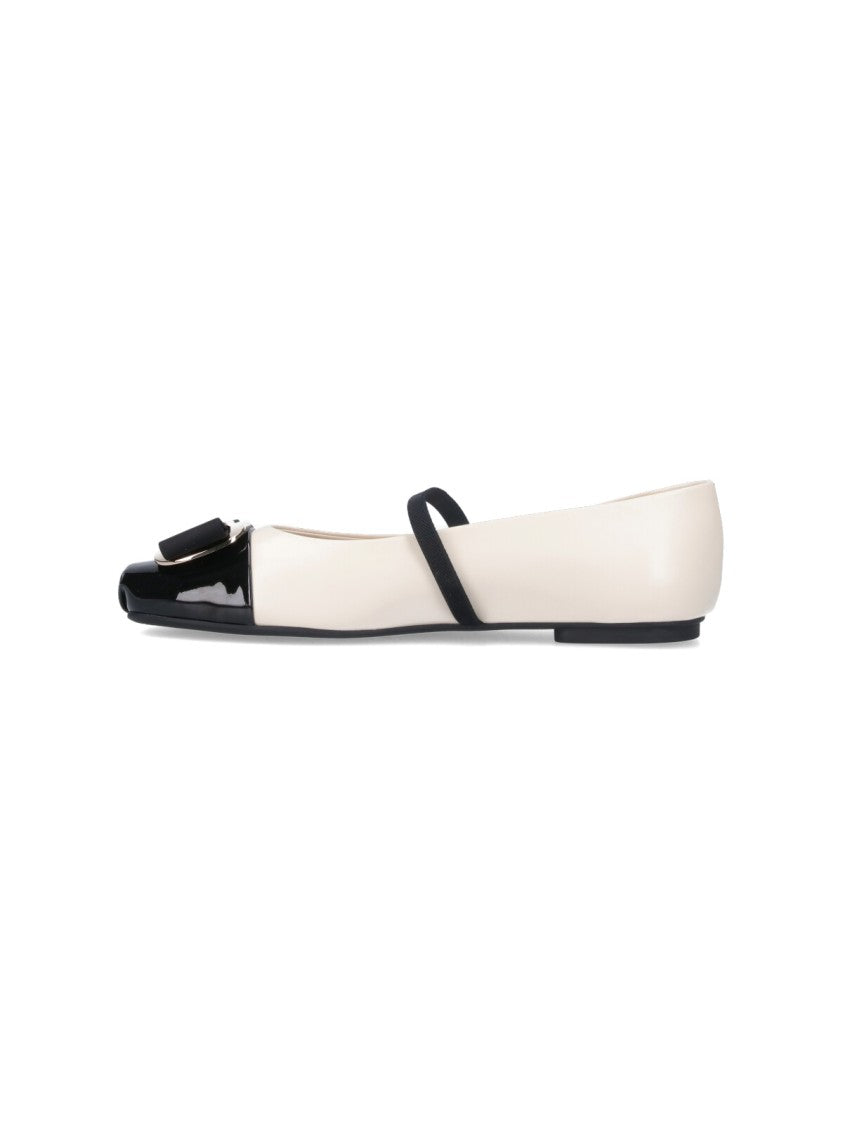 Ferragamo Cream Flat Shoes With Glossy Black Toe Cap