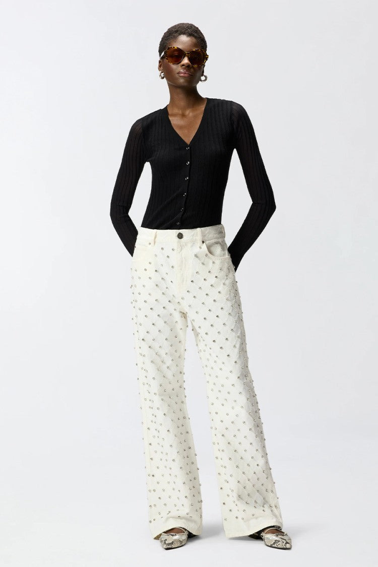 Pinko White Cotton Crystal-Stud Wide-Leg Jeans