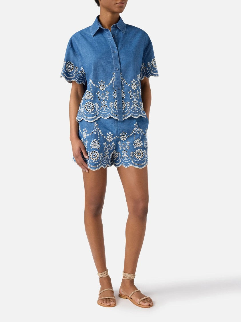 Mc2 Saint Barth Intricate Floral Embroidered Blue Shorts With Tailored Fit