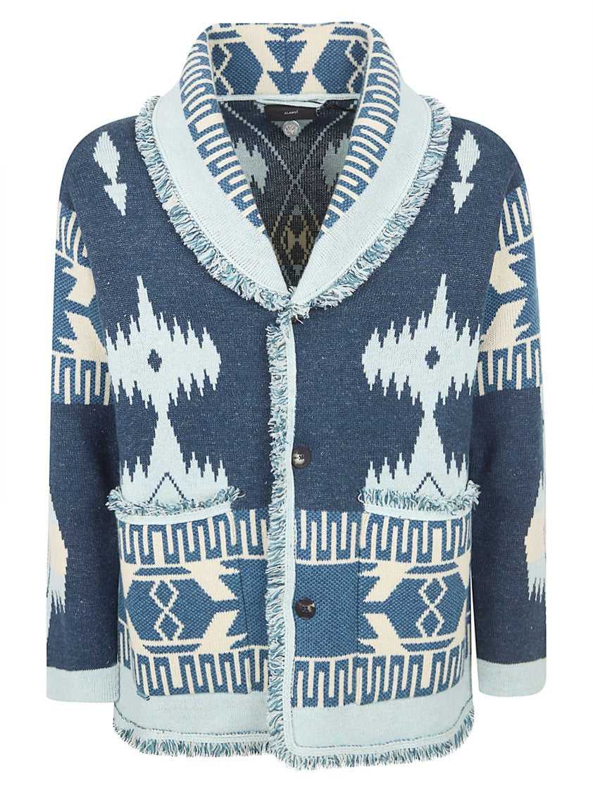Alanui Geometric Patterned Navy Blue Cardigan