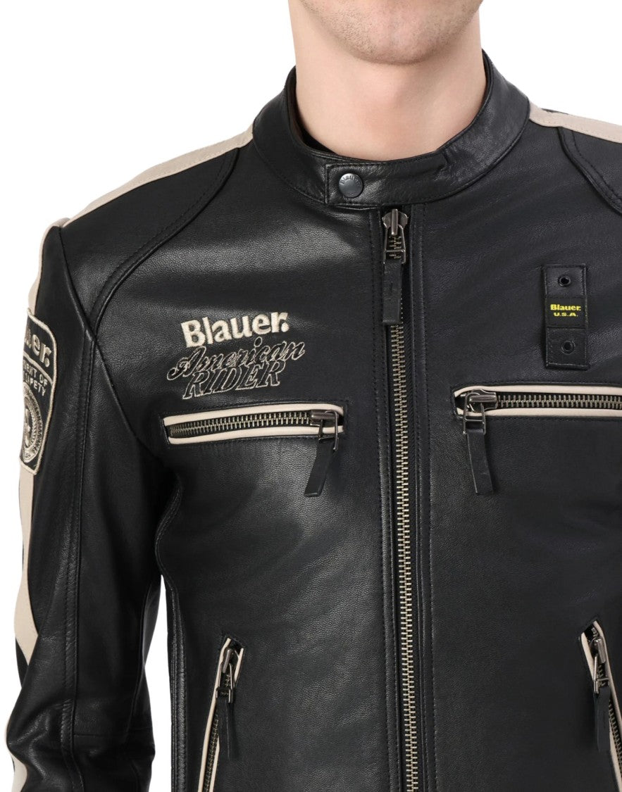 Blauer Blauer Garner Leather Jacket Black Slim Fit With Stand Collar For Men 26Sblul02439-007521 999