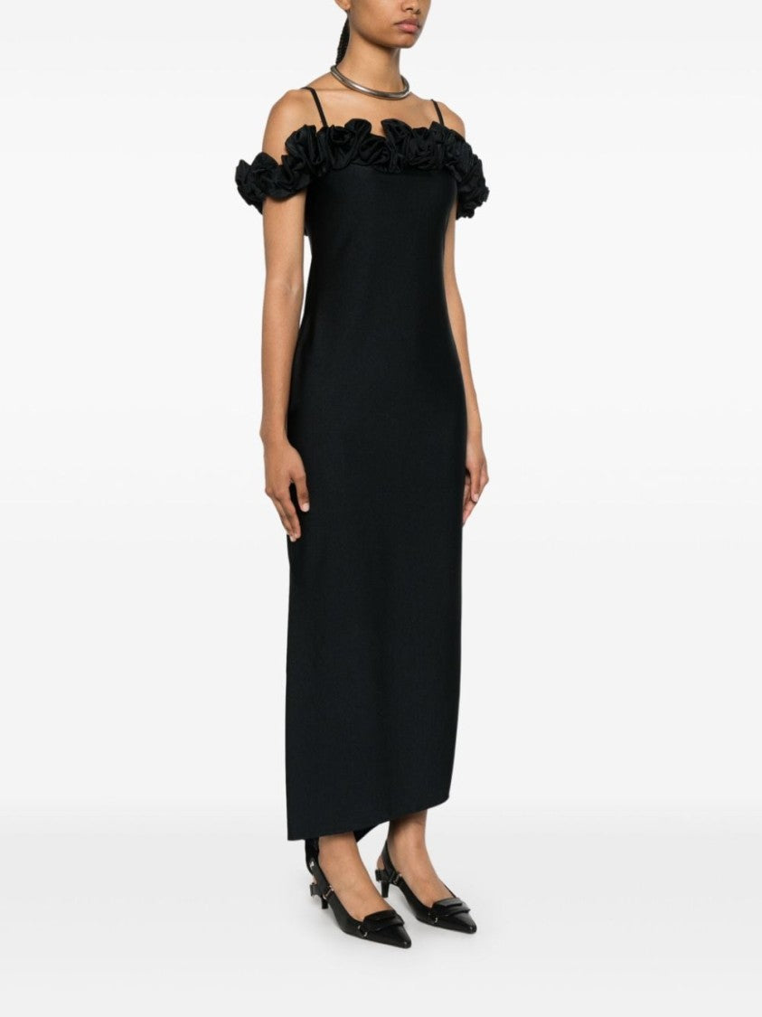 Coperni Black Asymmetric Ruffled Satin Slip Dress