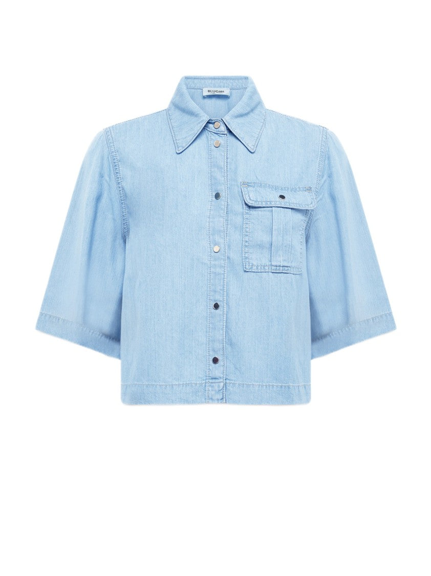 Blugirl Boxy Denim Shirt With Elbow-Length Sleeves And Overlapping Slit
