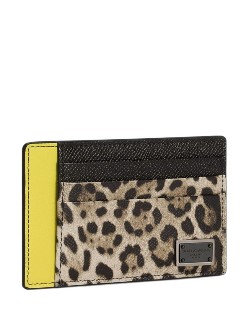 Dolce & Gabbana Leopard Print Card Holder With Logo Plaque And Yellow Accent