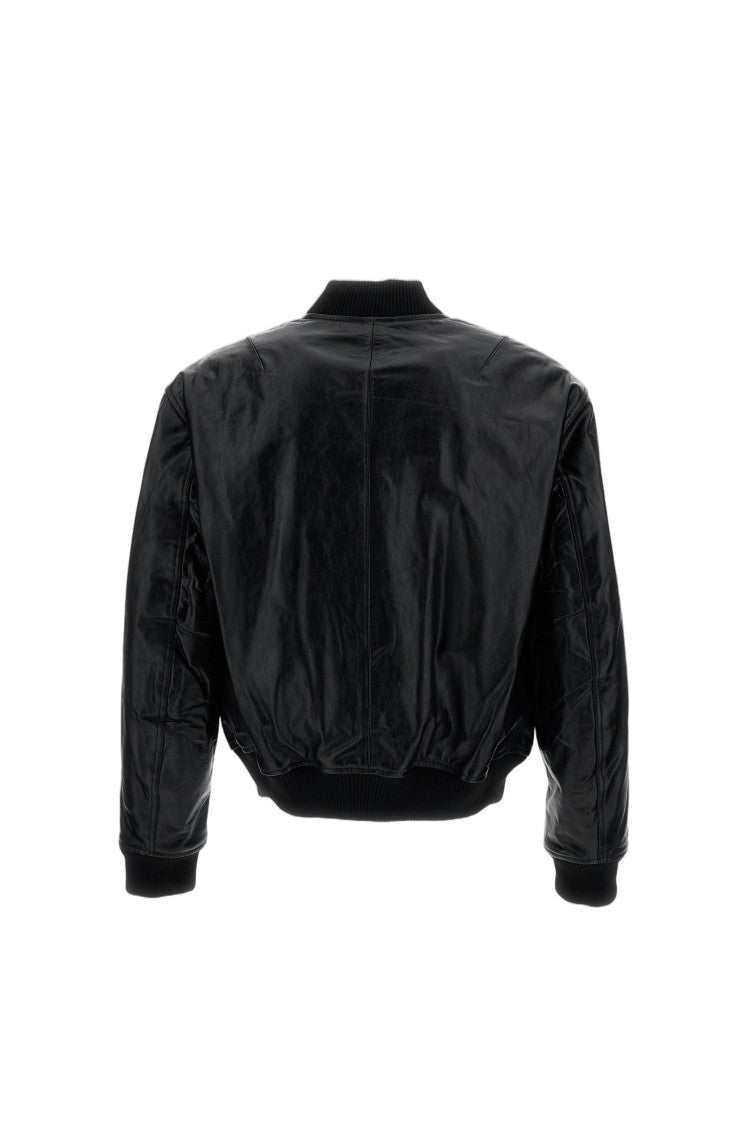 Sunflower Black Leather Quilted Flight Bomber Jacket