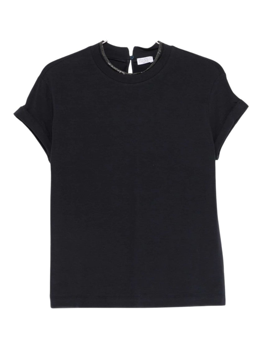 Brunello Cucinelli Blue Rows Shiny Monili Cotton T-Shirt