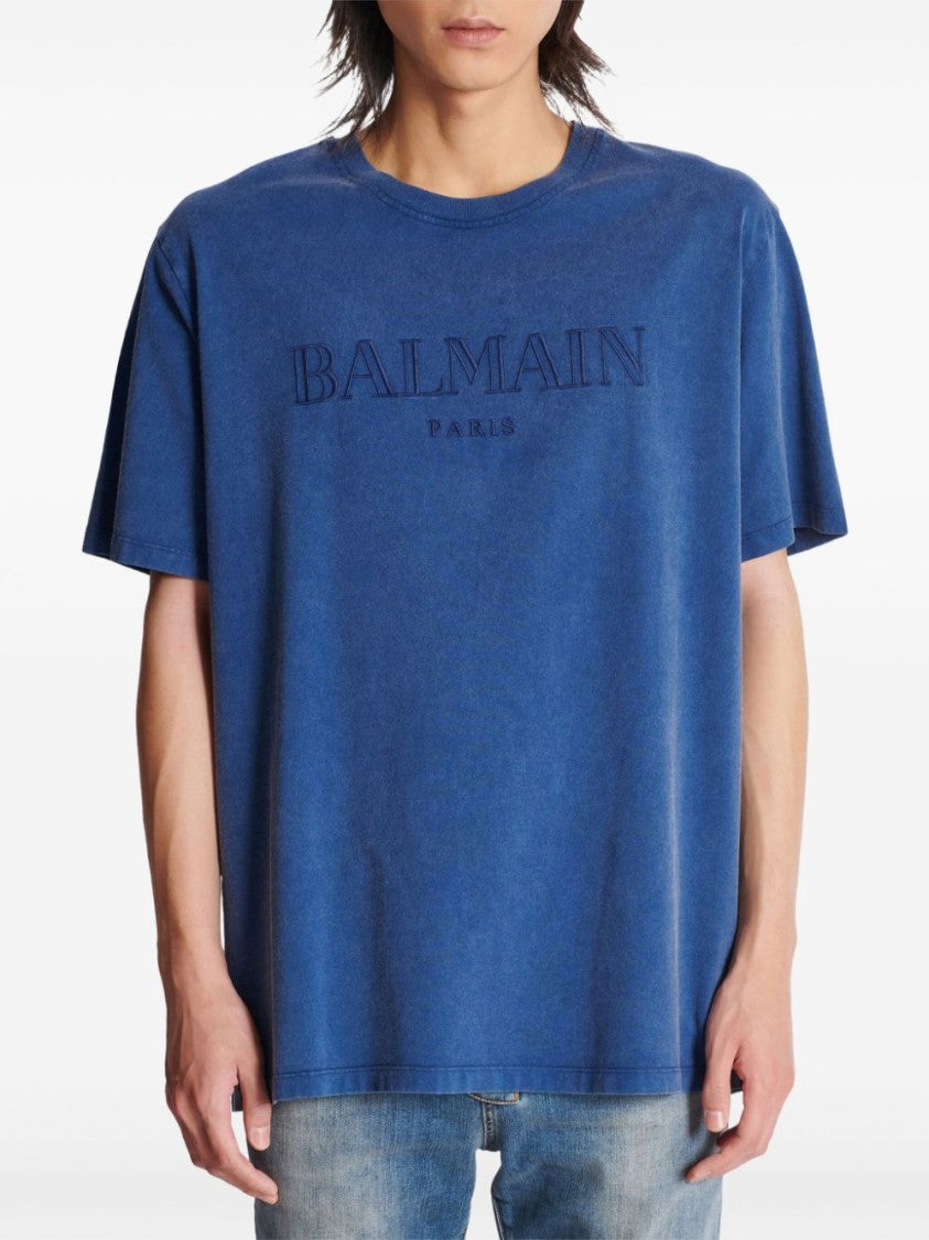 Balmain Navy Blue Cotton Tonal Logo T-Shirt