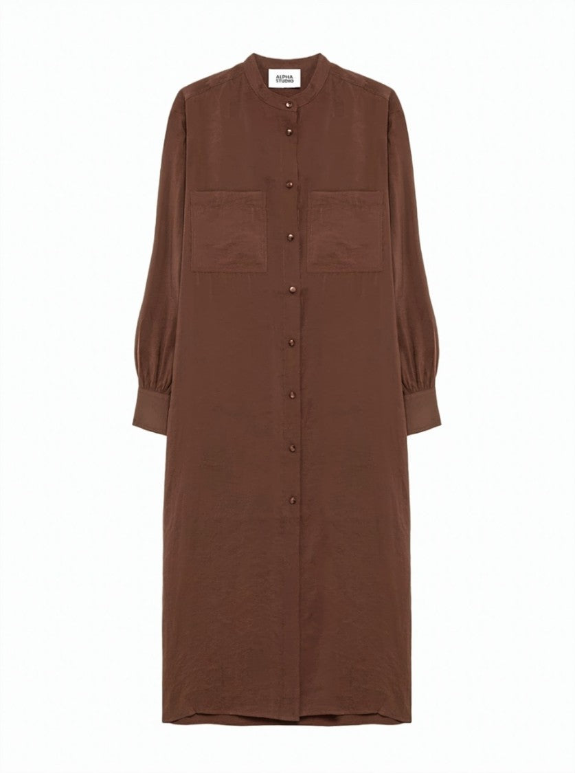 Alpha Studio Mandarin Collar Button-Down Midi Shirt Dress