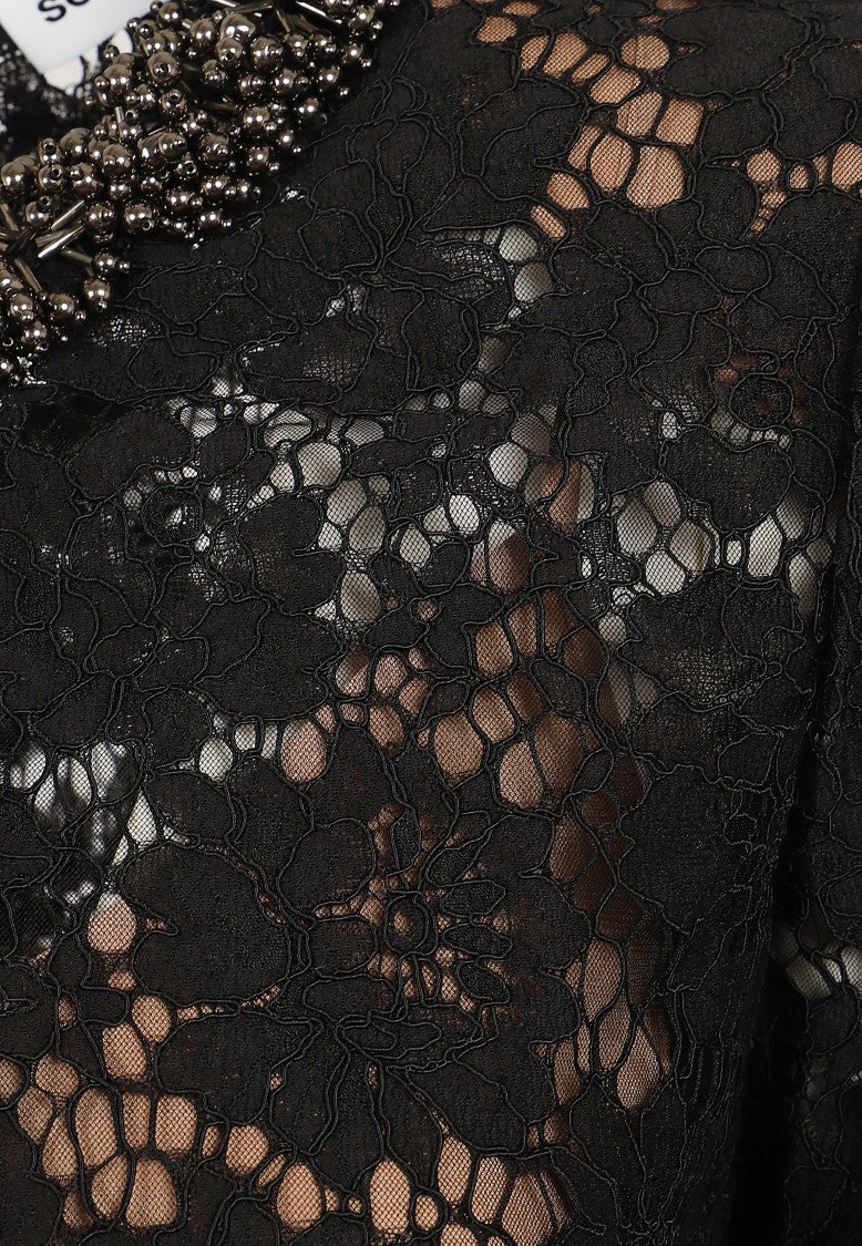 Self-Portrait Black Floral Lace Mini Dress With Beaded Neckline