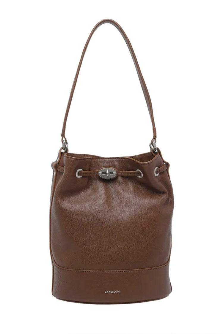 Zanellato Brown Leather Turn-Lock Drawstring Bucket Bag