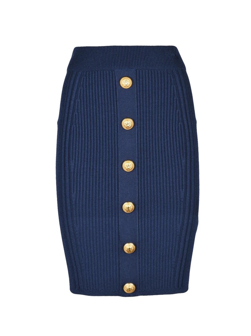Balmain Fitted Blue Knit Skirt With Ribbed Texture And Gold Button Detailing