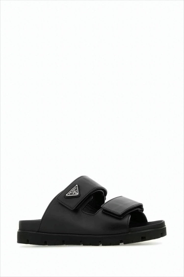 Prada Adjustable Leather Strap Black Slide Sandals