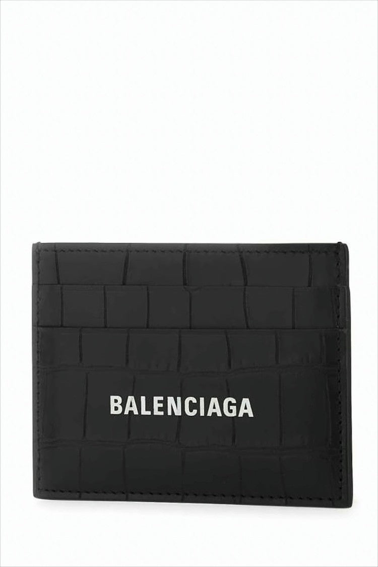 Balenciaga Textured Black Crocodile Pattern Card Wallet With Bold Logo