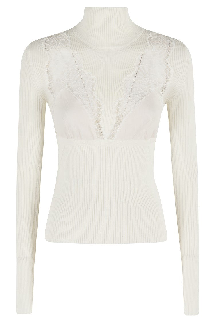 Blumarine Pearl White Turtleneck Knit Sweater With Lace Details