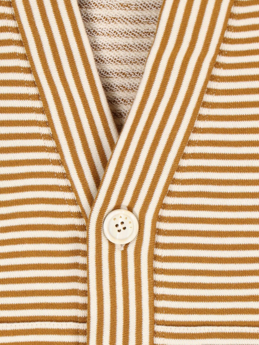 Marni Cropped Cardigan Sweater With Horizontal Stripes And Logo Detail