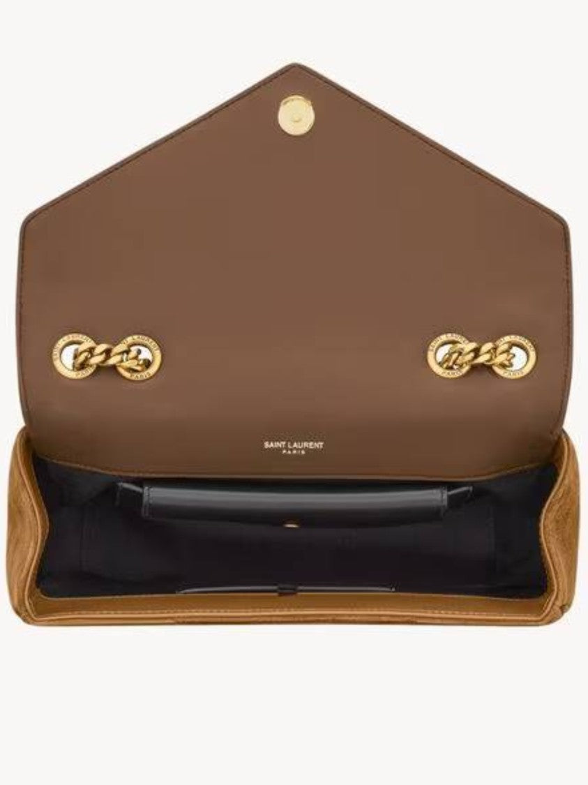 Saint Laurent Chevron Quilted Suede Shoulder Bag With Gold-Tone Chain Strap