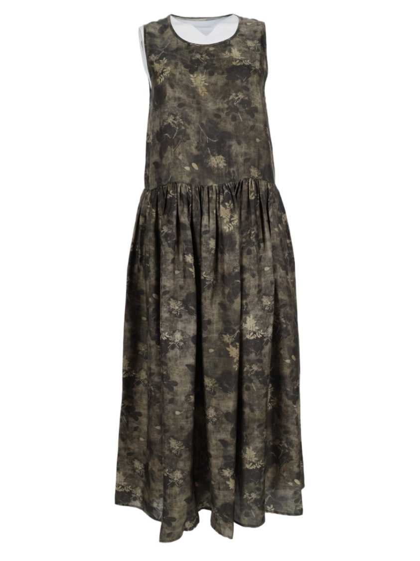 Uma Wang Green Flowing Gathered Waistband Floral Midi Dress