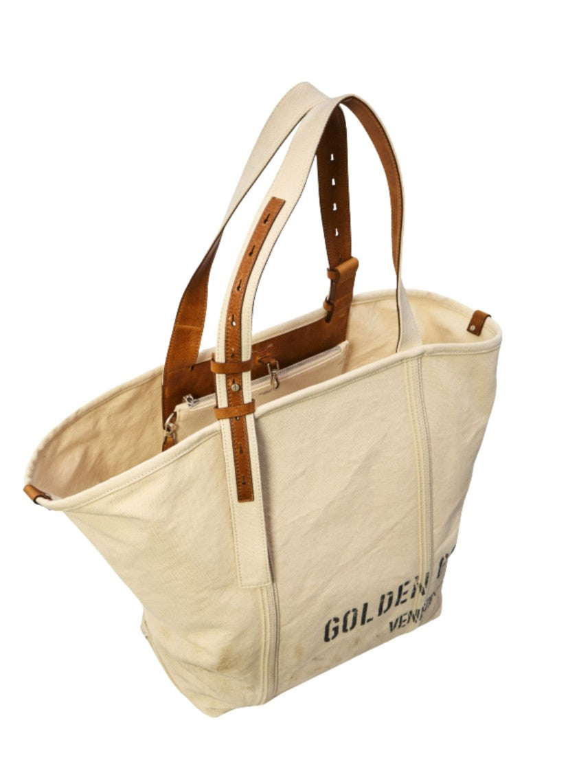Golden Goose Ecru Leather Inserts Cotton Tote Bag