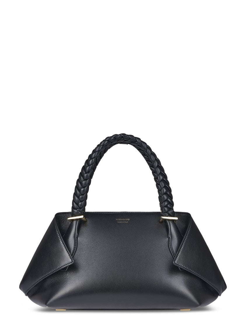 Ferragamo Structured Handbag With Braided Handle And Folded Accents
