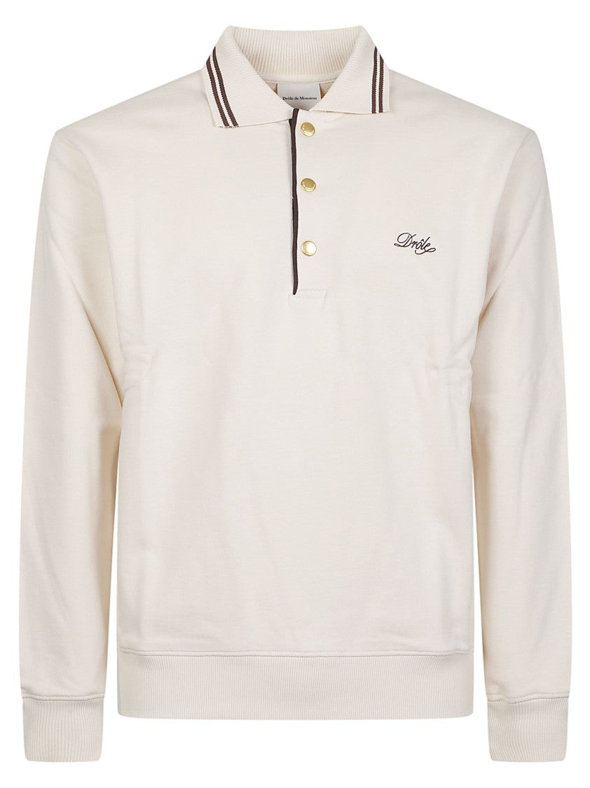 Drôle De Monsieur Minimalist Gold Hardware Long-Sleeve Cotton Polo Shirt