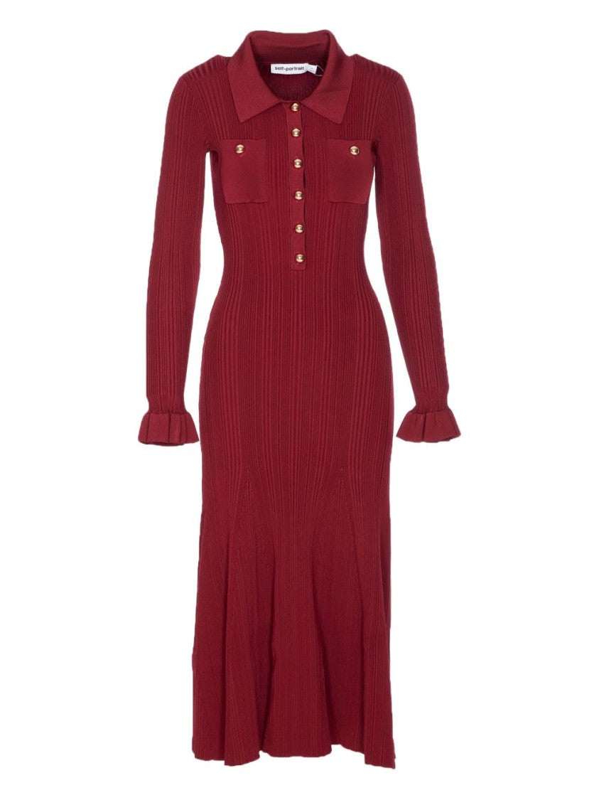Self-Portrait Burgundy Ribbed Knit Midi Dress