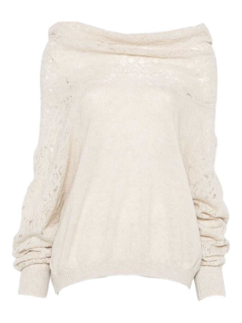 Dexterior Off-Shoulder Lace-Detail Knit Sweater