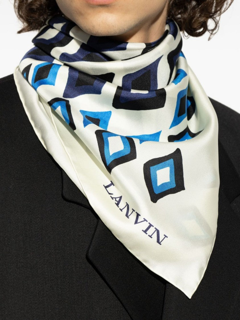 Lanvin White Geometric Diamond Pattern Silk Scarf
