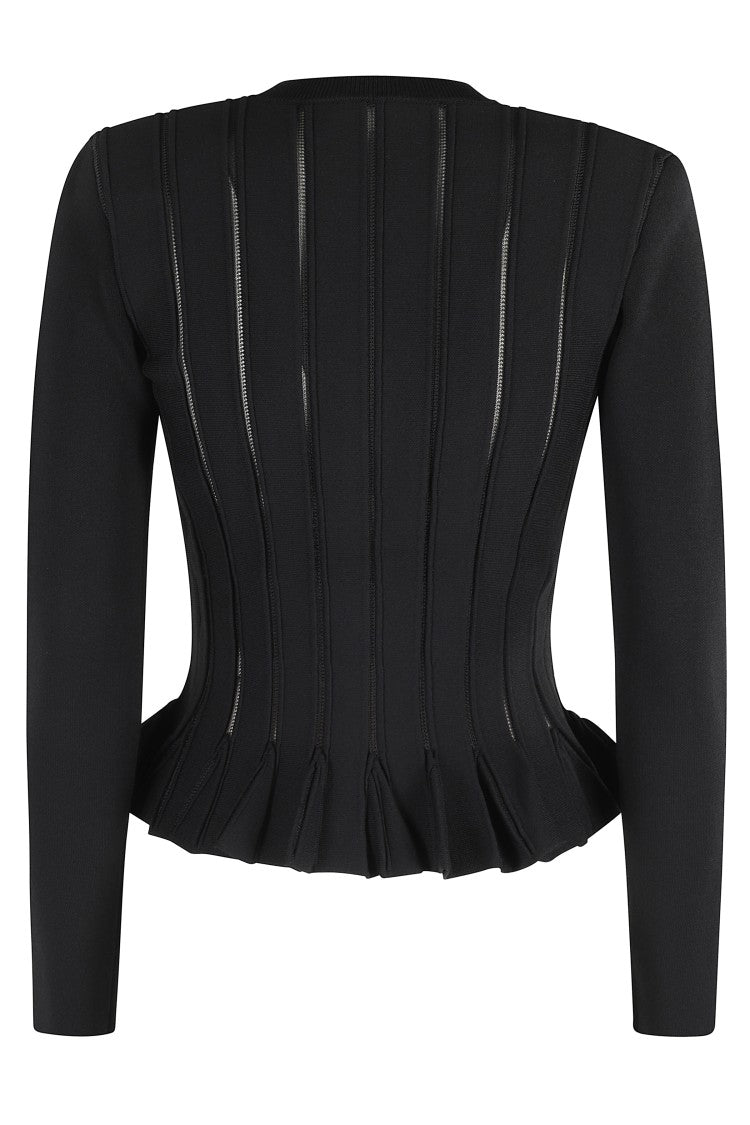 Elisabetta Franchi Tricot Pattern Sweater With Padded Shoulder Straps And Embroidered Hem