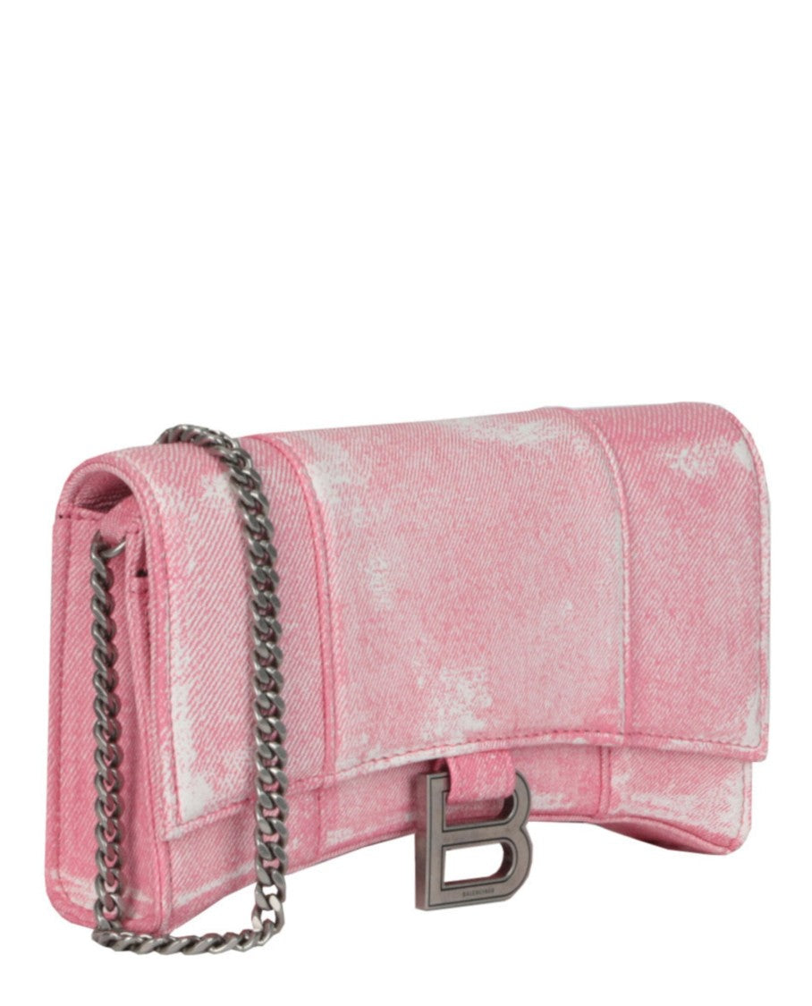 Balenciaga Denim Print Hourglass Wallet On A Chain