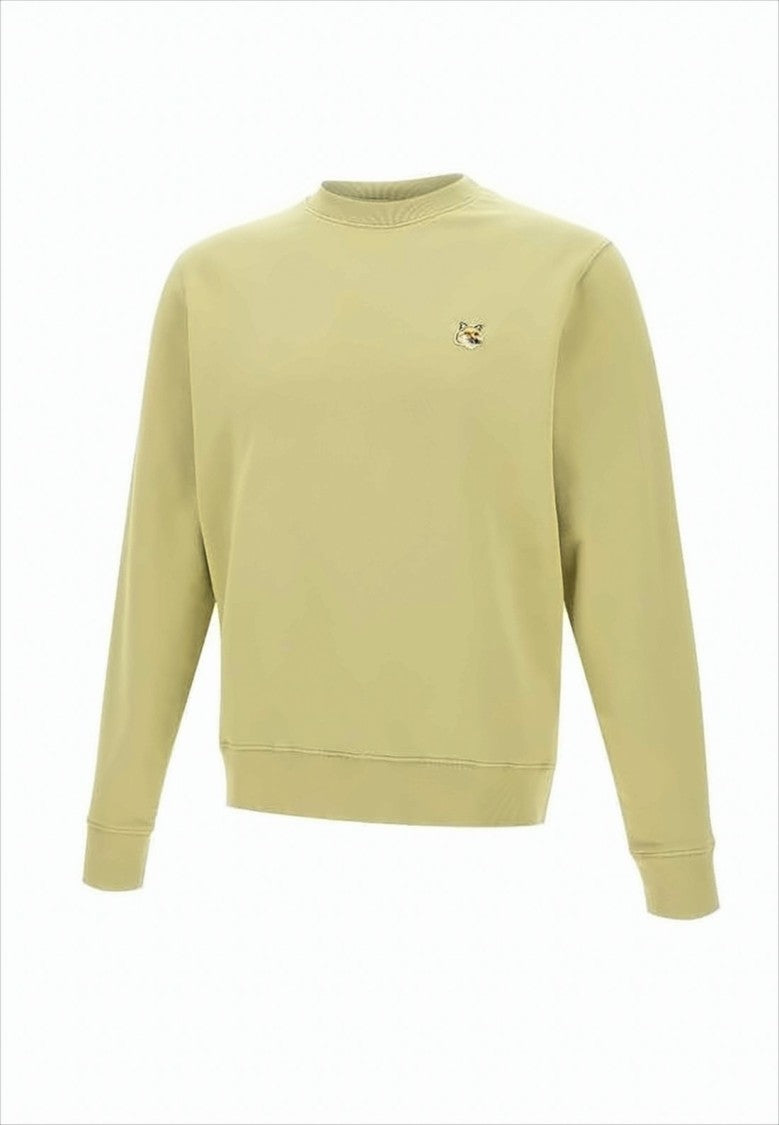 Maison Kitsuné Long-Sleeve Crewneck Sweatshirt In Light Olive With Embroidered Fox Emblem