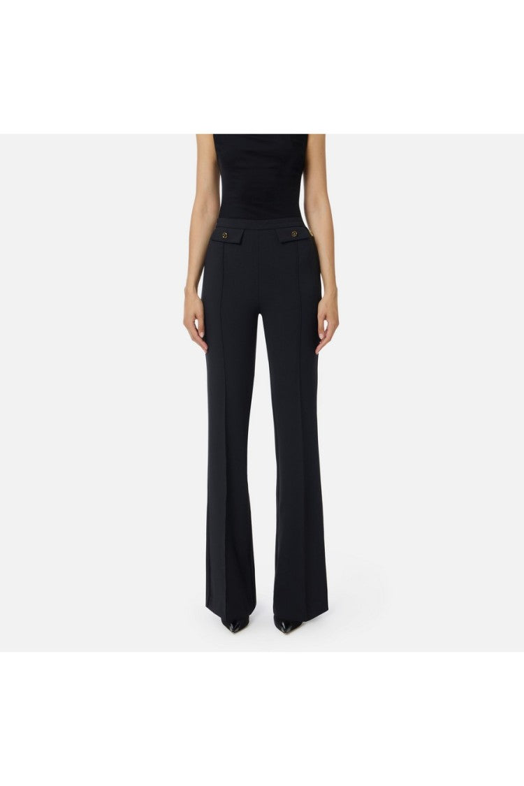 Elisabetta Franchi Black Double-Crepe Flap Pocket Polyester-Blend Wide-Leg Pants