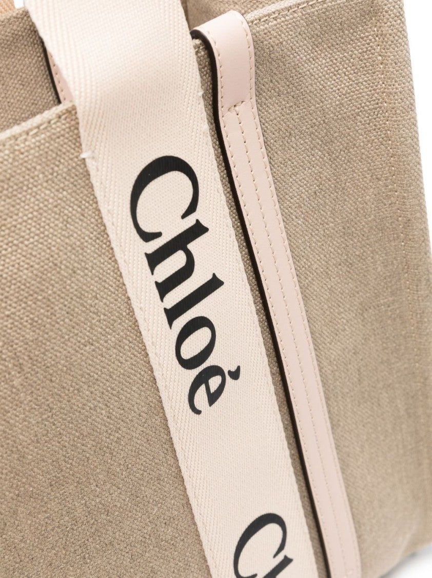 Chloé Beige Woody Medium Textured Linen Tote Bag
