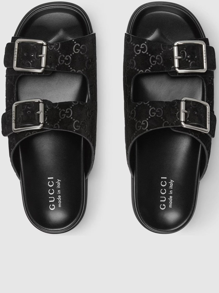 Gucci Black Rhein Open Suede Slide Sandals