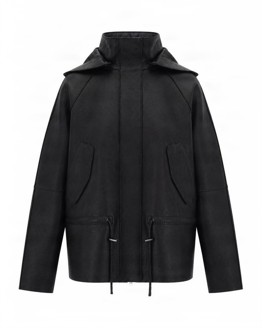P.A.R.O.S.H. Black Lamb Leather Jacket With Adjustable Hood And Zip Closure