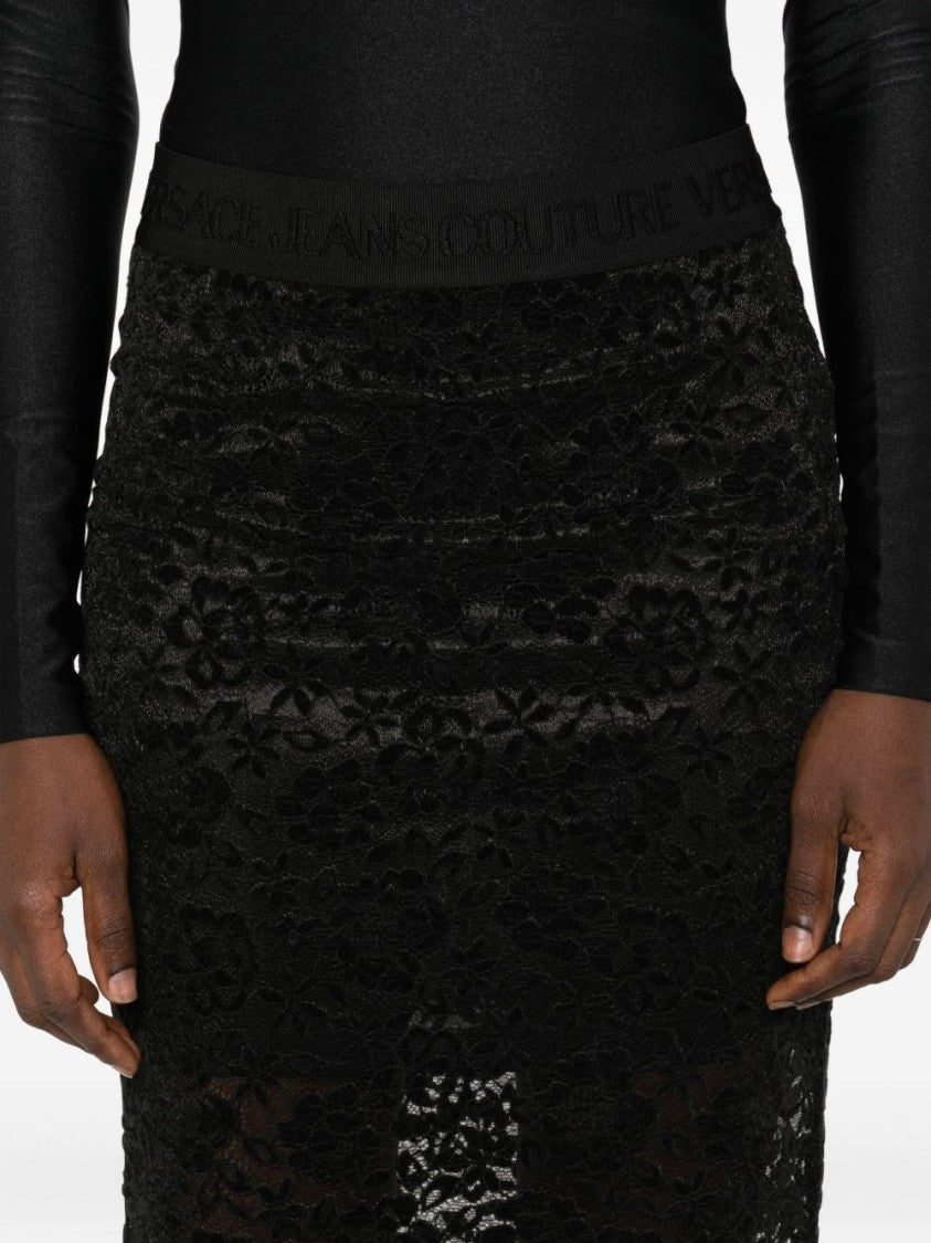 Versace Jeans Couture Textured Black Midi Skirt With Embossed Waistband