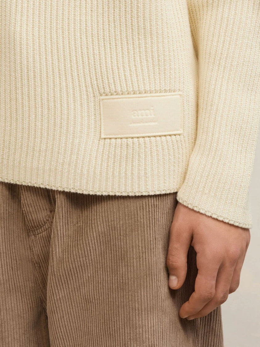 Ami Ribbed Crew-Neck Sweater In Ecru-Beige