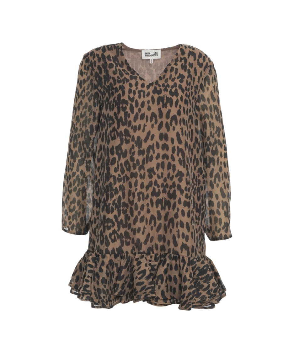 Baum Und Pferdgarten Animal Print Mini Dress With V-Neck And Ruffled Hem